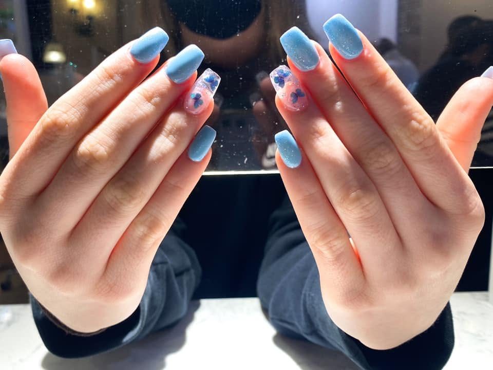 Blue nail set with hand-painted butterfly art