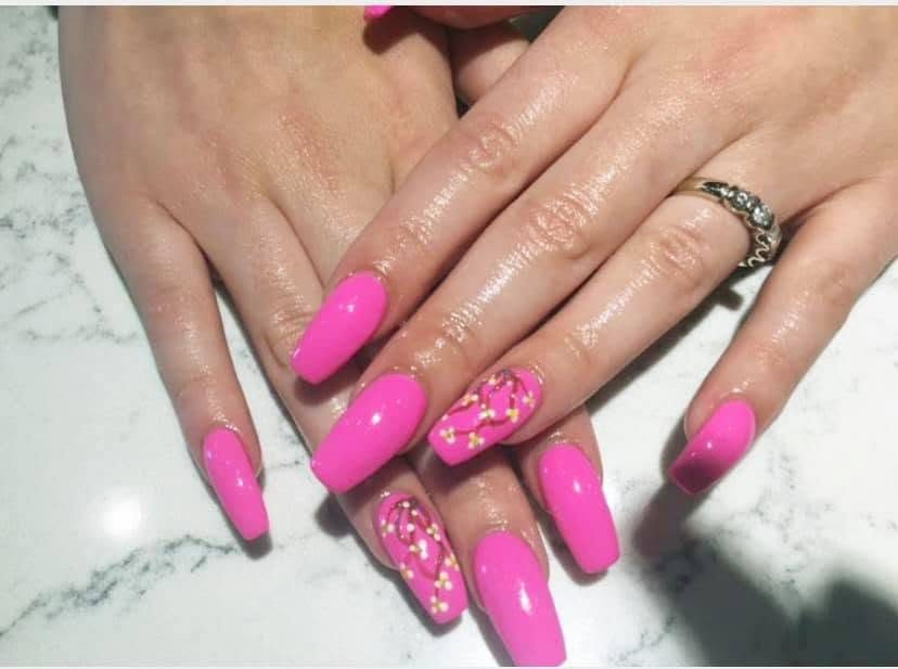 Bright pink nail set with hand-painted floral art